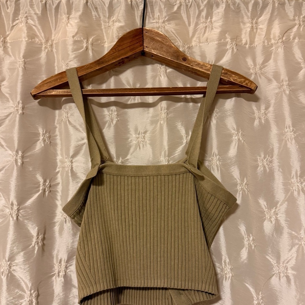 ba&sh Beige Cubalt Ribbed Knit Button Front Crop Tank Top - Picture 3 of 11